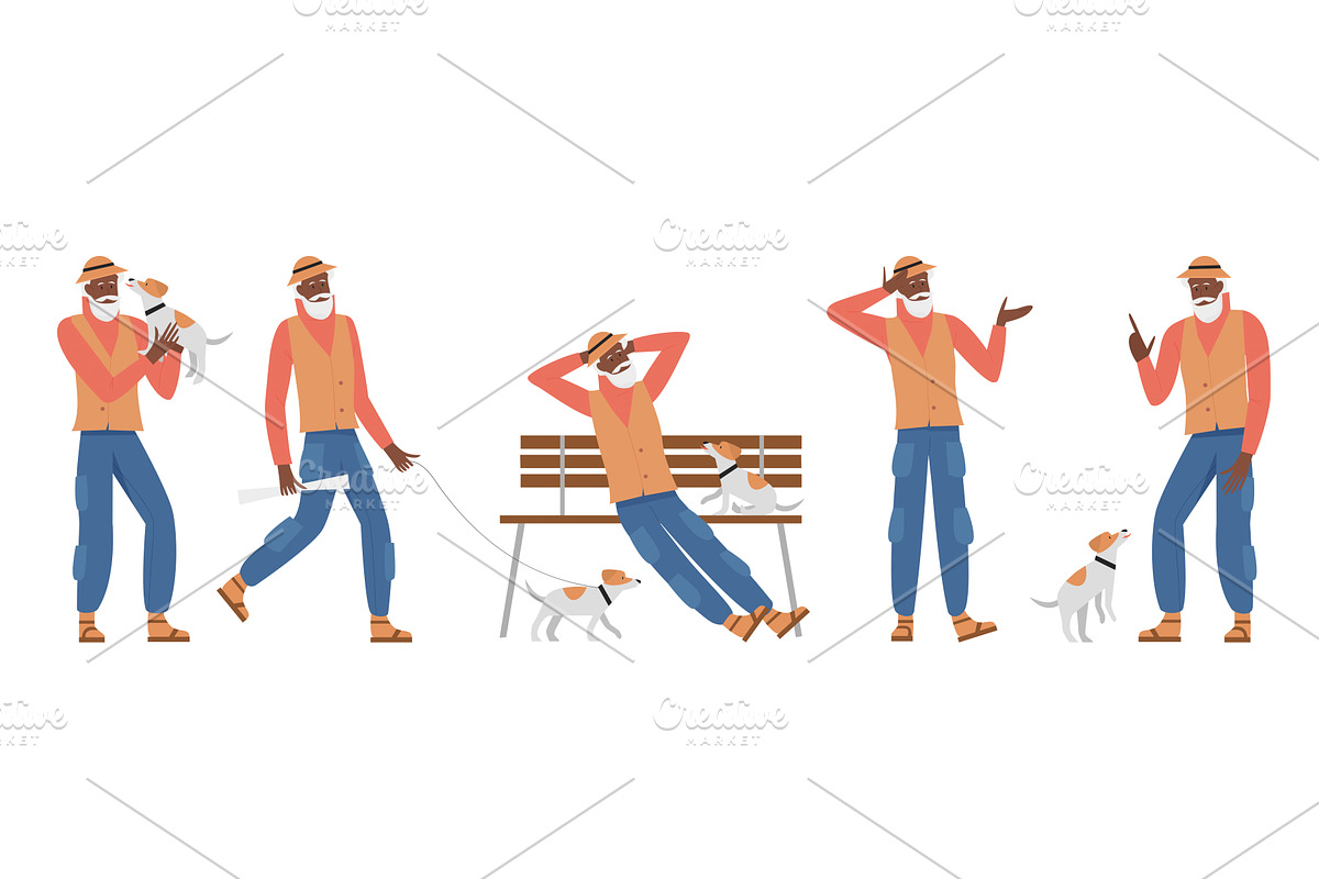 Elderly Afro Man Walking Dog Cartoon, a Person Illustration by Flashvector