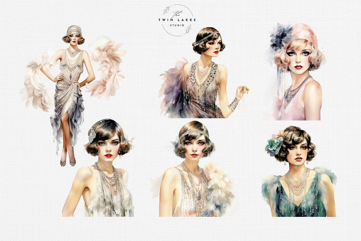 Watercolor Flapper Girls Clipart Set, a Person Illustration by The Twin Lakes Studio (Photo 6 of 11)