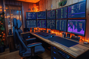High-tech workspace with multiple mo, a Photo by Tanuart