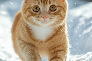 Beautiful ginger cat running and having fun in the snow, an Animal Photo by AlyaAnd