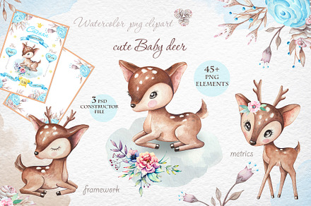 Watercolor clipart cute baby deer