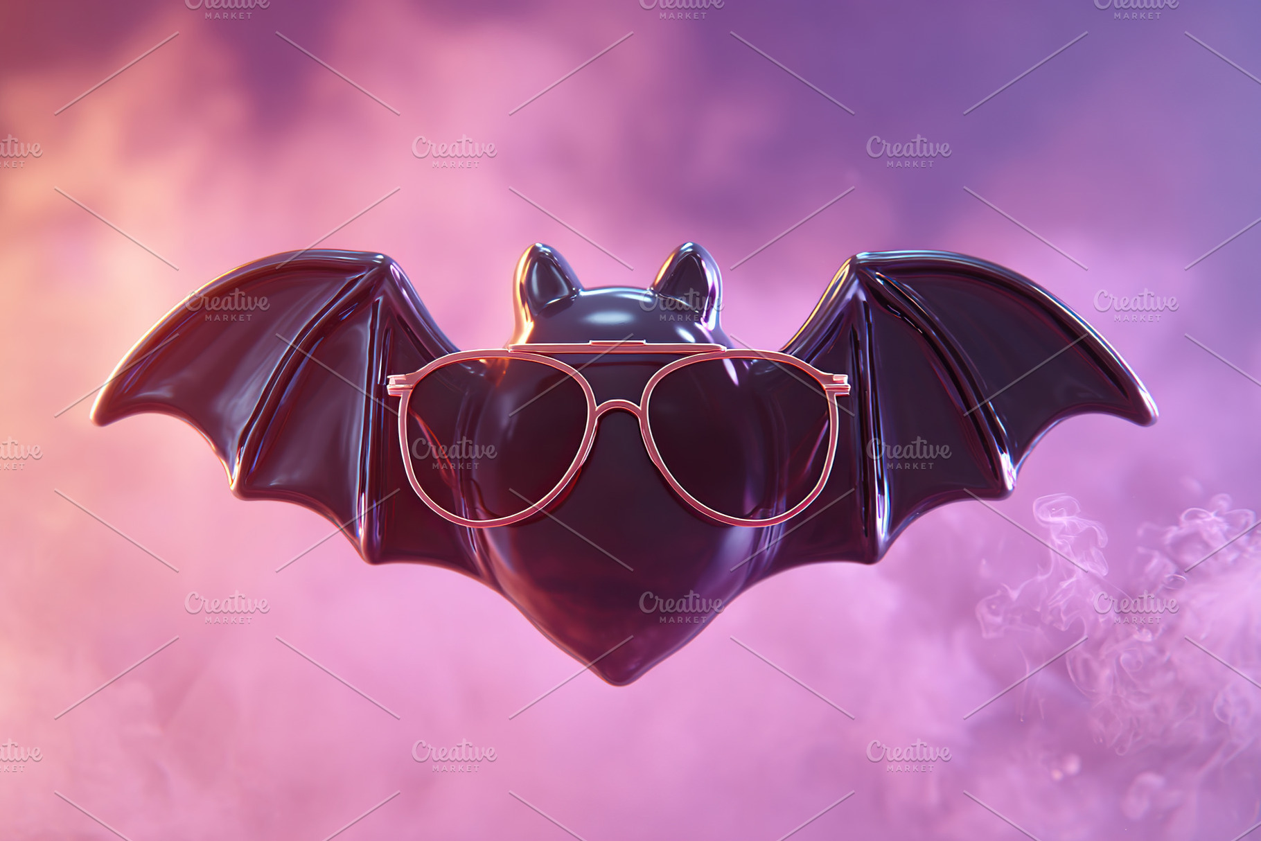 Black bat wearing sunglasses against a colorful smoky background during a playf, an Animal Photo by AlyaAnd