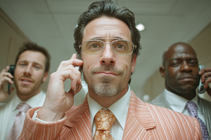 Confident businessmen in a hallway on phones, creating a professional corporate, a Photo by AS photostudio