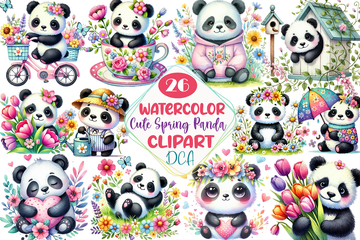 Cute Spring Panda Clipart, an Illustration by DreamCafeArt (Photo 1 of 4)