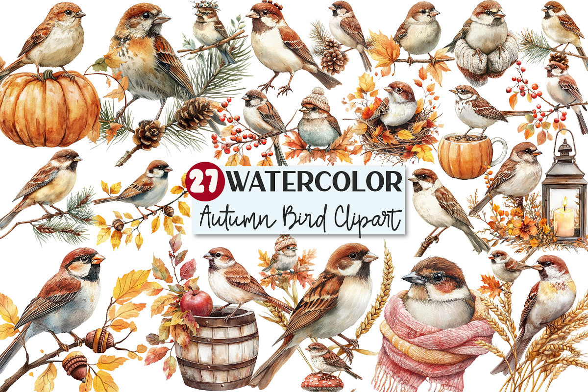 Autumn Sparrows Bird Clipart, an Illustration by Rose Art (Photo 1 of 7)