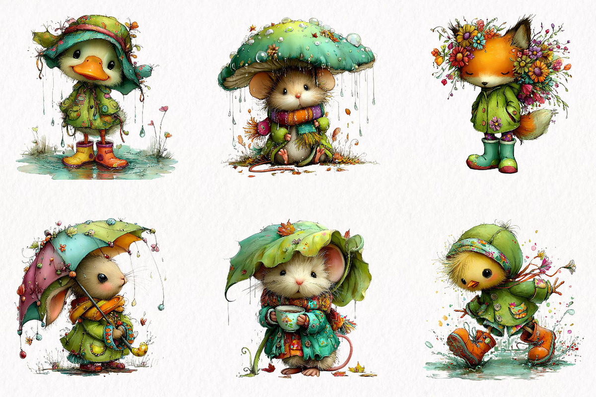 Whimsical Rainy Day Animals Clipart, an Animal Illustration by fashionaddict (Photo 2 of 7)