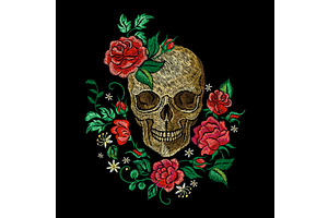 Skull And Roses. Embroidery Rose