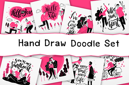 Hand Draw Couples in Love Doodle Set