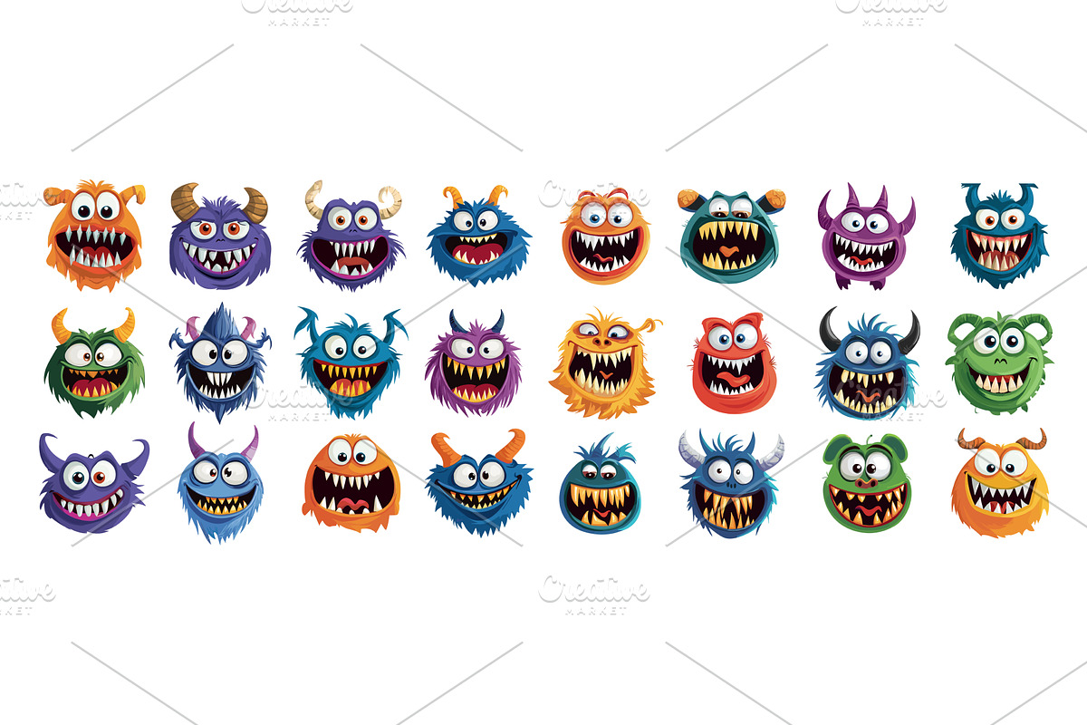 Monster creature faces cartoon, an Animal Illustration by Valerie Bodnar