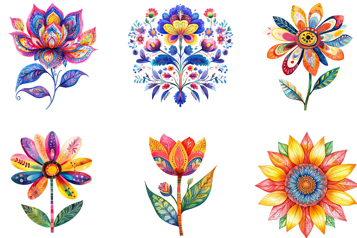 Watercolor Colorful Folk Floral, an Illustration by Designking (Photo 4 of 5)