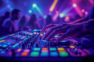 DJ hands mixing music, a Photo by rarrarorro
