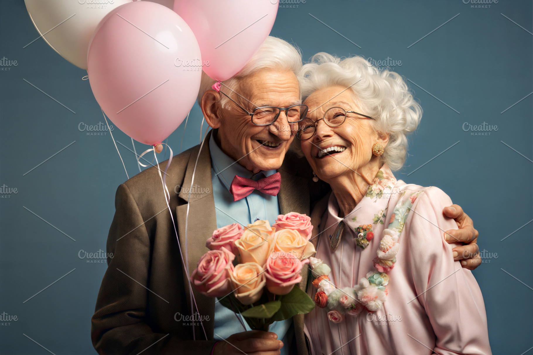 Elderly couple celebrating with balloons and flowers in studio., a Person Photo by ImageMir