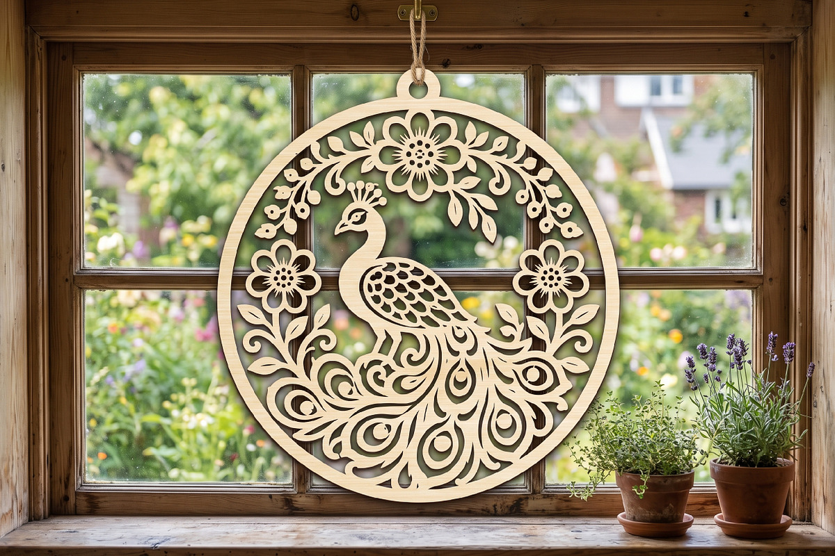 Floral Peacock Round Wooden Ornament, an Object Graphic by Libby Wishes (Photo 1 of 3)