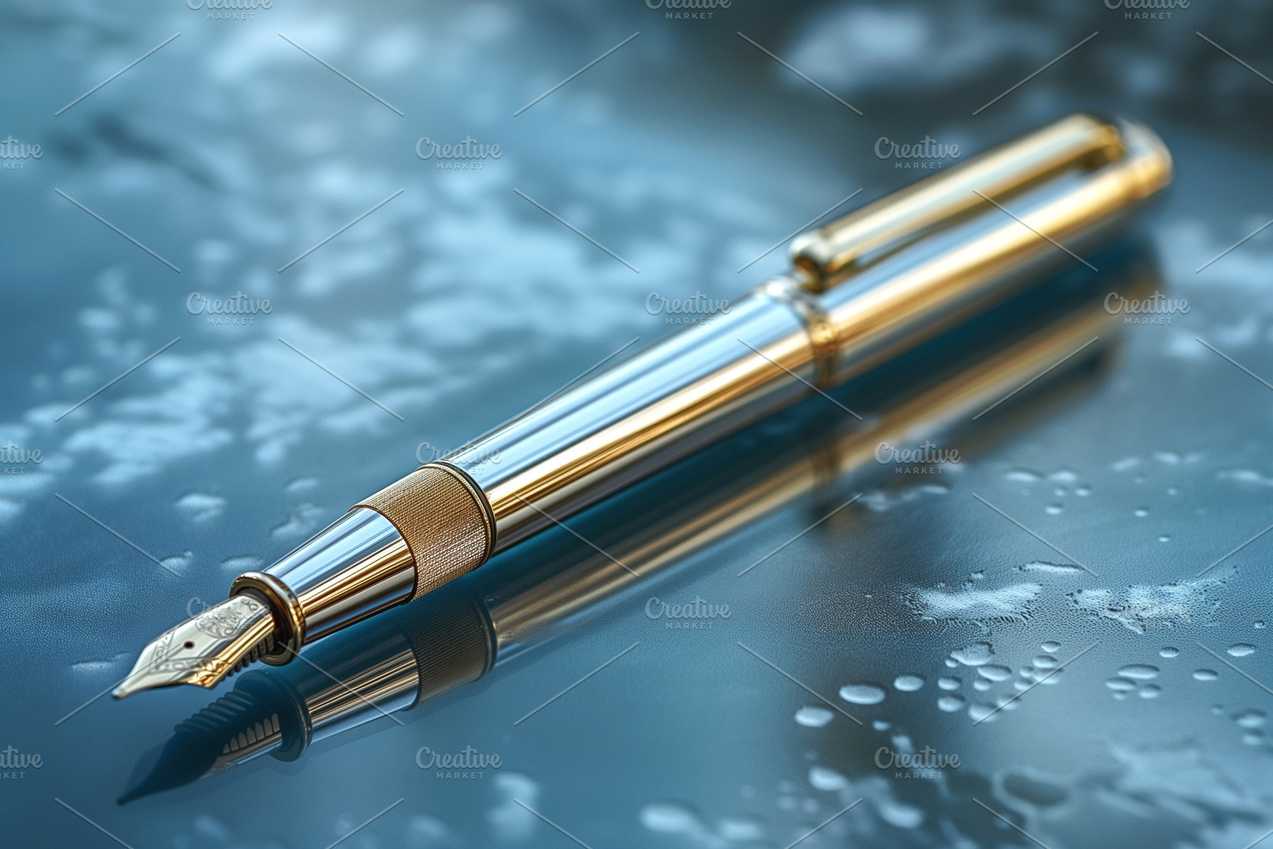 A luxurious golden fountain pen rests elegantly on a reflective blue surface, s, a Business Photo by ImageMir