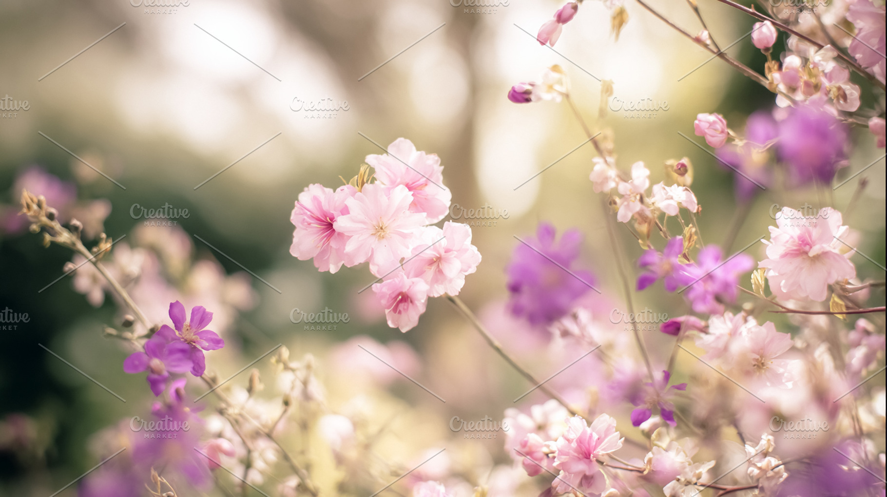 Delicate pink and purple blossoms blooming, creating a soft spri, a Photo by Studio ANNA