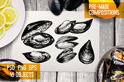 Mussels. Seafood menu illustrations, a Food Illustration by Alena Kaz (Thumbnail 2 of 4)