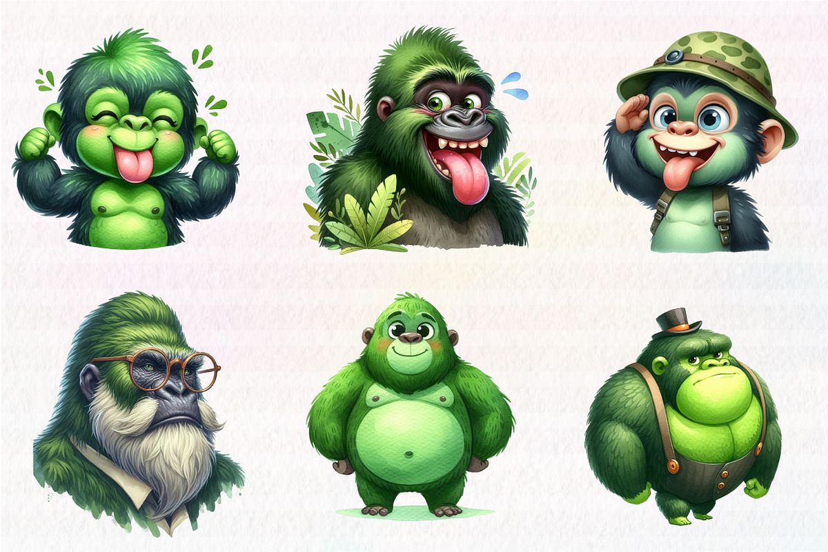 Watercolor Green Gorilla Collection, an Illustration by CreationArt (Photo 2 of 5)