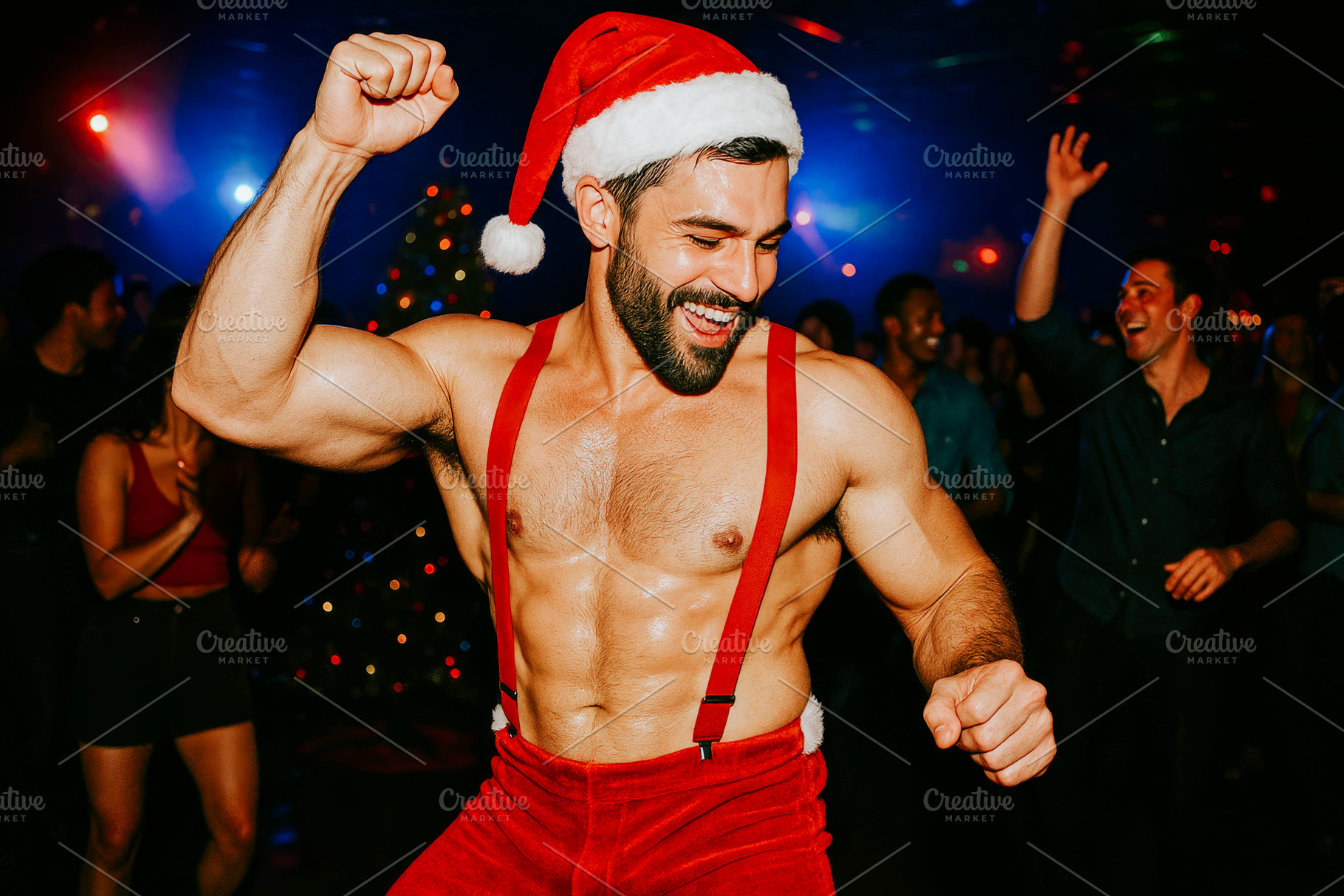 a muscular man dancing at christmas, generative AI, a Photo by Nito