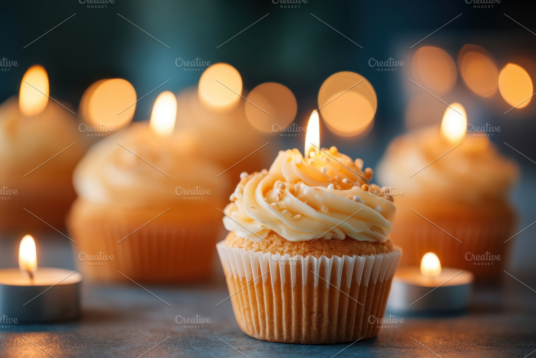 Delicious cupcakes with candles for celebration, a Food & Drink Photo by AlyaAnd