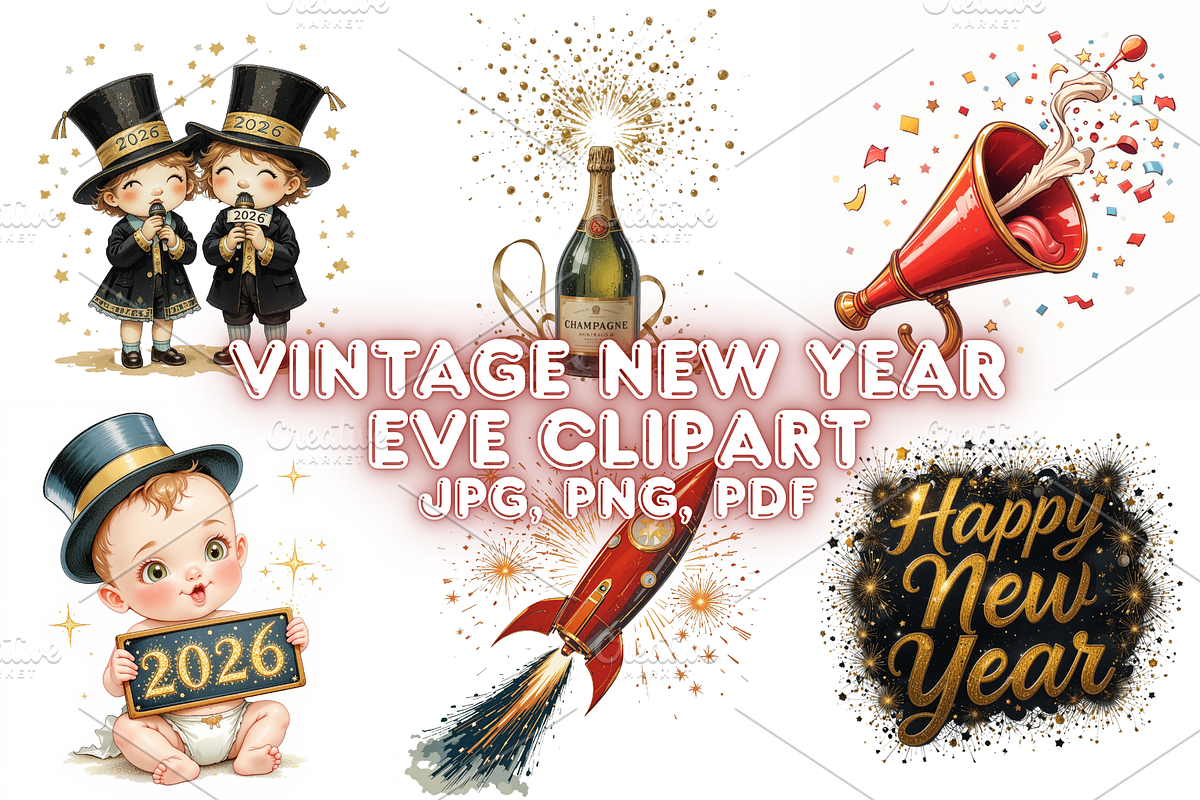 Vintage New Year's Eve clipart, a Seasonal Illustration by Creative design (Photo 1 of 7)