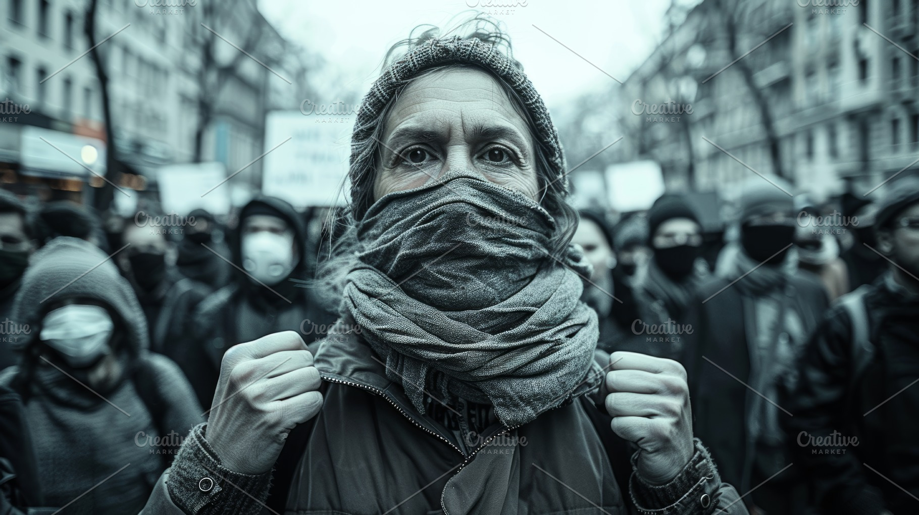 Masked protesters gather in city street advocating for change, a Photo by AS photostudio