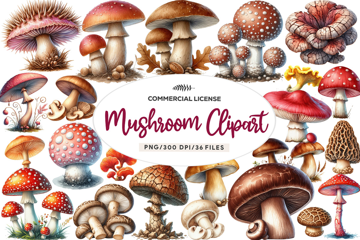 Watercolor Mushroom Clipart, an Illustration by CreationArt (Photo 1 of 7)