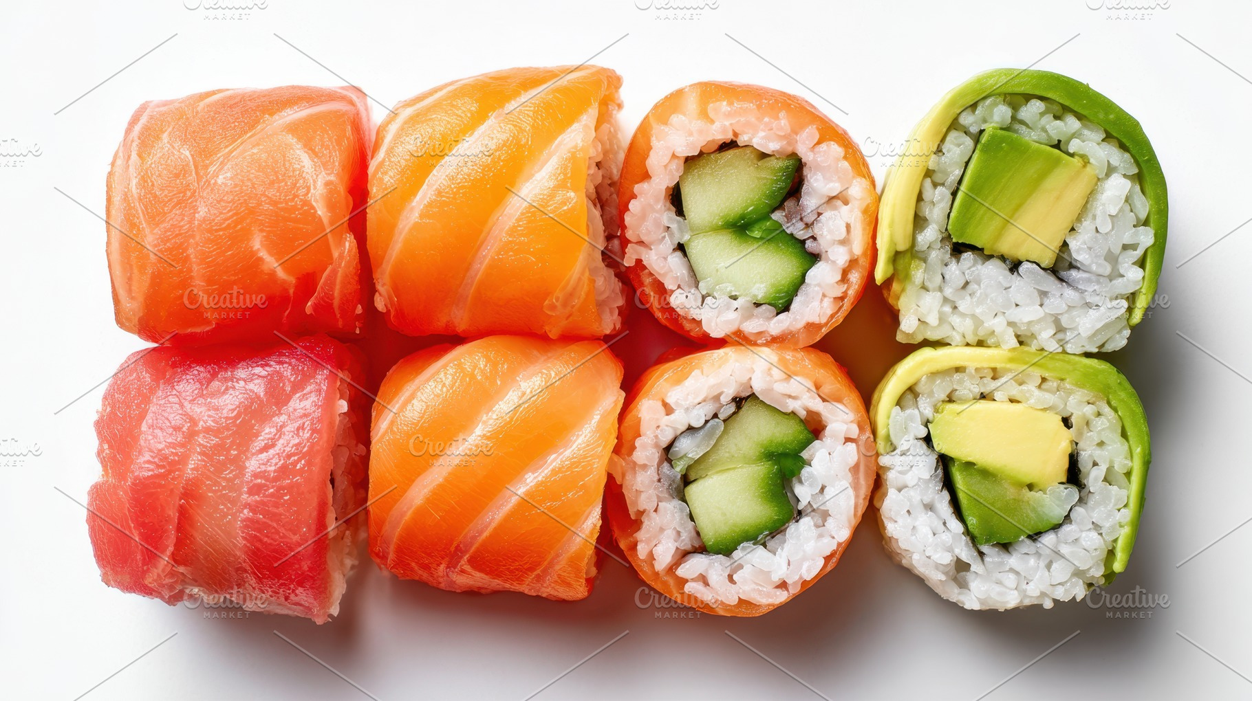 Assorted sushi rolls on white background, a Food & Drink Photo by AlyaAnd