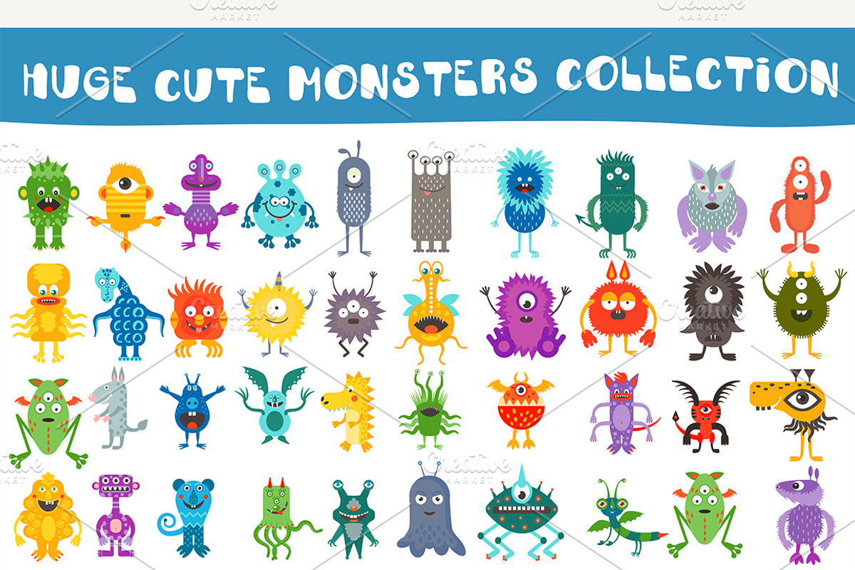 Cartoon cute color monsters aliens, a Graphic by Lemberg Vector (Photo 1 of 2)