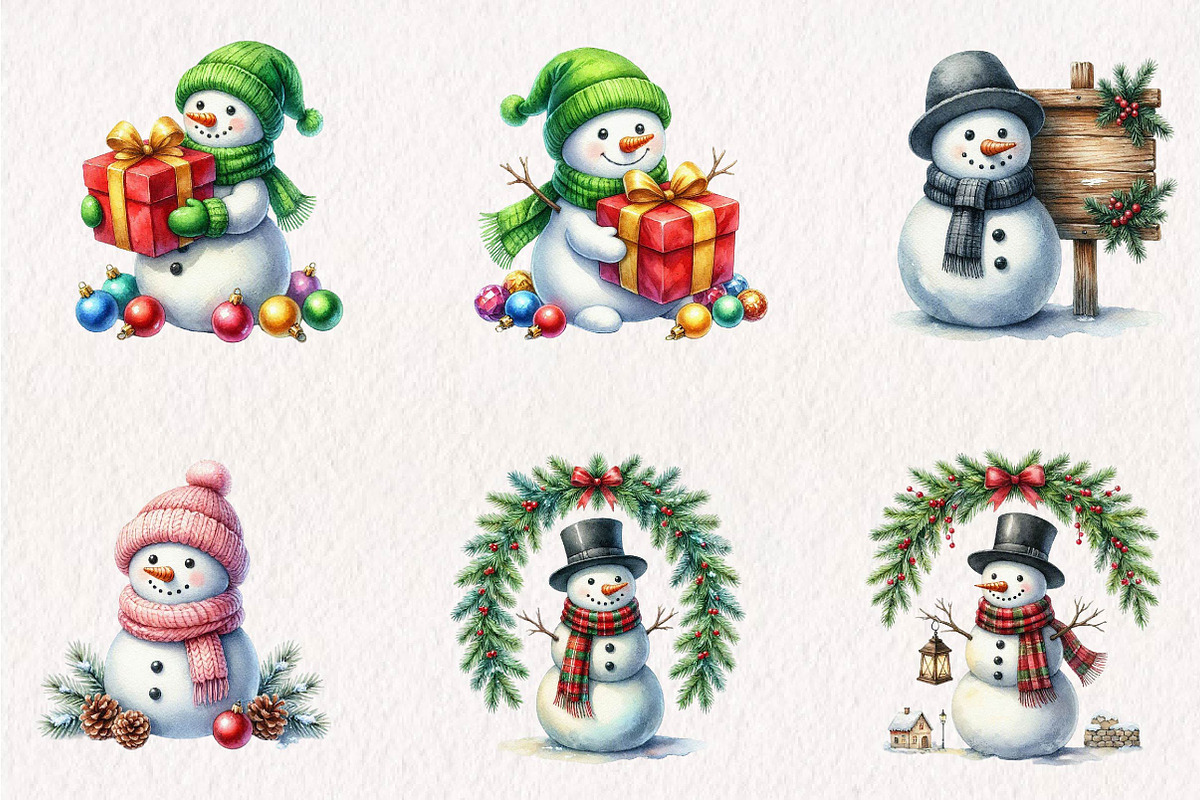 Watercolor Snowman Collection, a Seasonal Illustration by CreationArt (Photo 4 of 7)