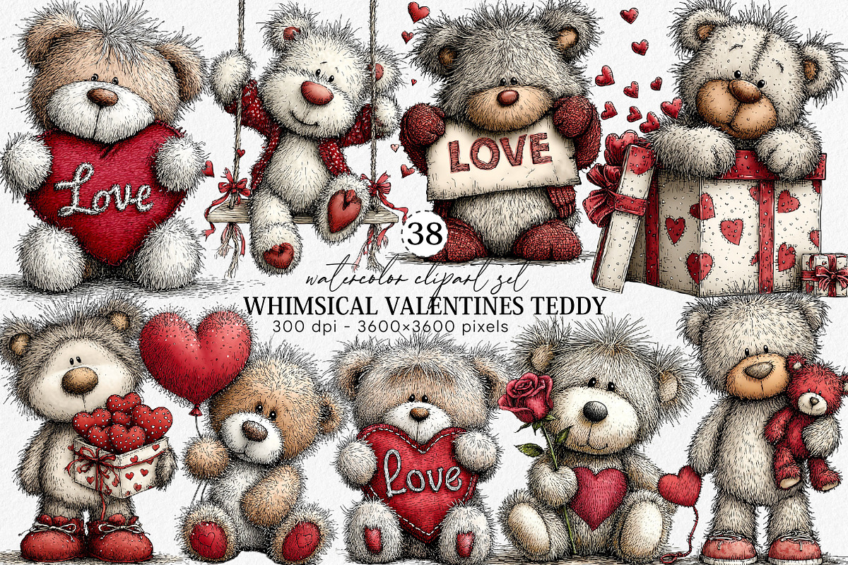 Whimsical Valentines Teddy Clipart, an Illustration by Canvas Craft (Photo 1 of 6)