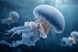 Majestic jellyfish floating in deep ocean waters at dusk, an Animal Photo by OSORIOartist