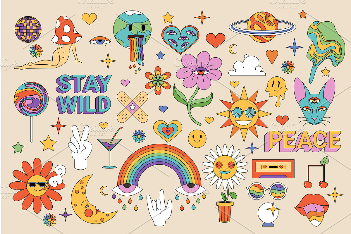 Hippie retro stickers set, groovy, an Object Illustration by Flashvector
