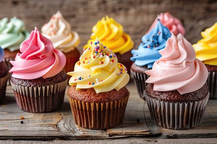 Tasty cupcakes with butter cream and sprinkles on wooden background, a Food & Drink Photo by AlyaAnd
