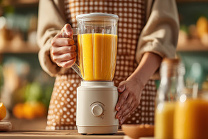 Woman making orange juice in blender, a Photo by Pixeness Studio