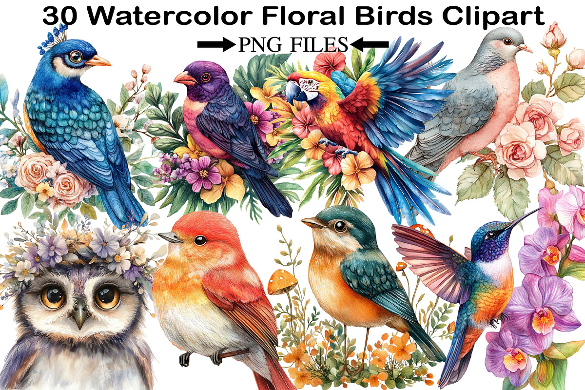 Watercolor Floral Birds Clipart, an Illustration by Black Bird Studio (Photo 1 of 5)