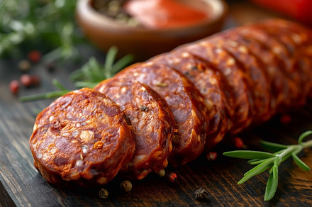 Sliced Spanish chorizo on a rustic wooden board, garnished with, a Food & Drink Photo by ImageMir