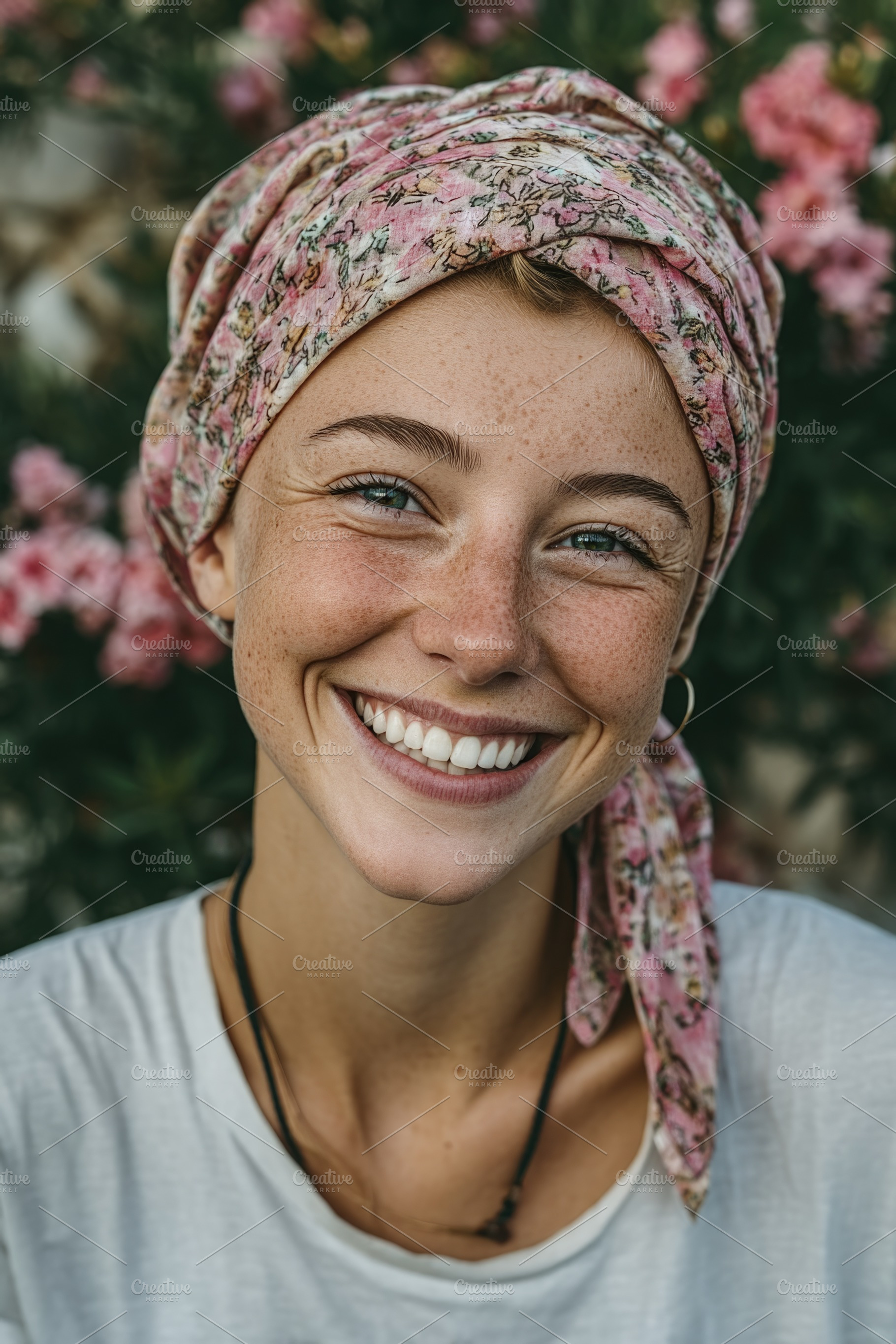 Smiling young woman wearing floral headscarf in blooming garden, a Person Photo by José Manuel Gelpi
