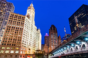 Downtown chicago at michigan avenue containing chicago, night, and skyline, an Architecture Photo by Leonid Andronov