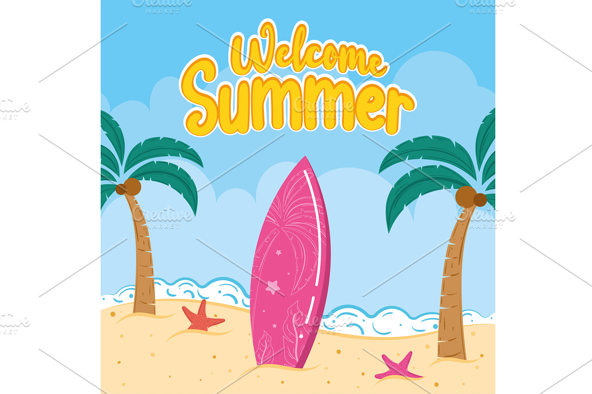 Welcome summer poster with surfboard, an Illustration by studioDK