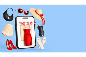 3d online shopping render banner, an Object Illustration by Marozhkastudio
