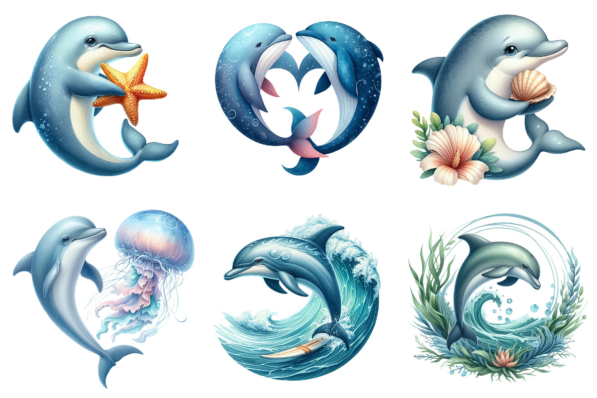 Cute Whale and Dolphin Clipart, an Illustration by Pixels.Craft (Photo 5 of 9)