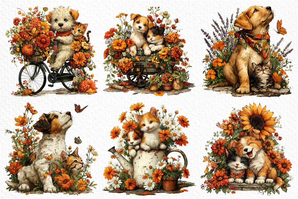 Whimsical Dog Cat Flower Clipart PNG, a Seasonal Illustration by Craft Nest (Photo 3 of 12)