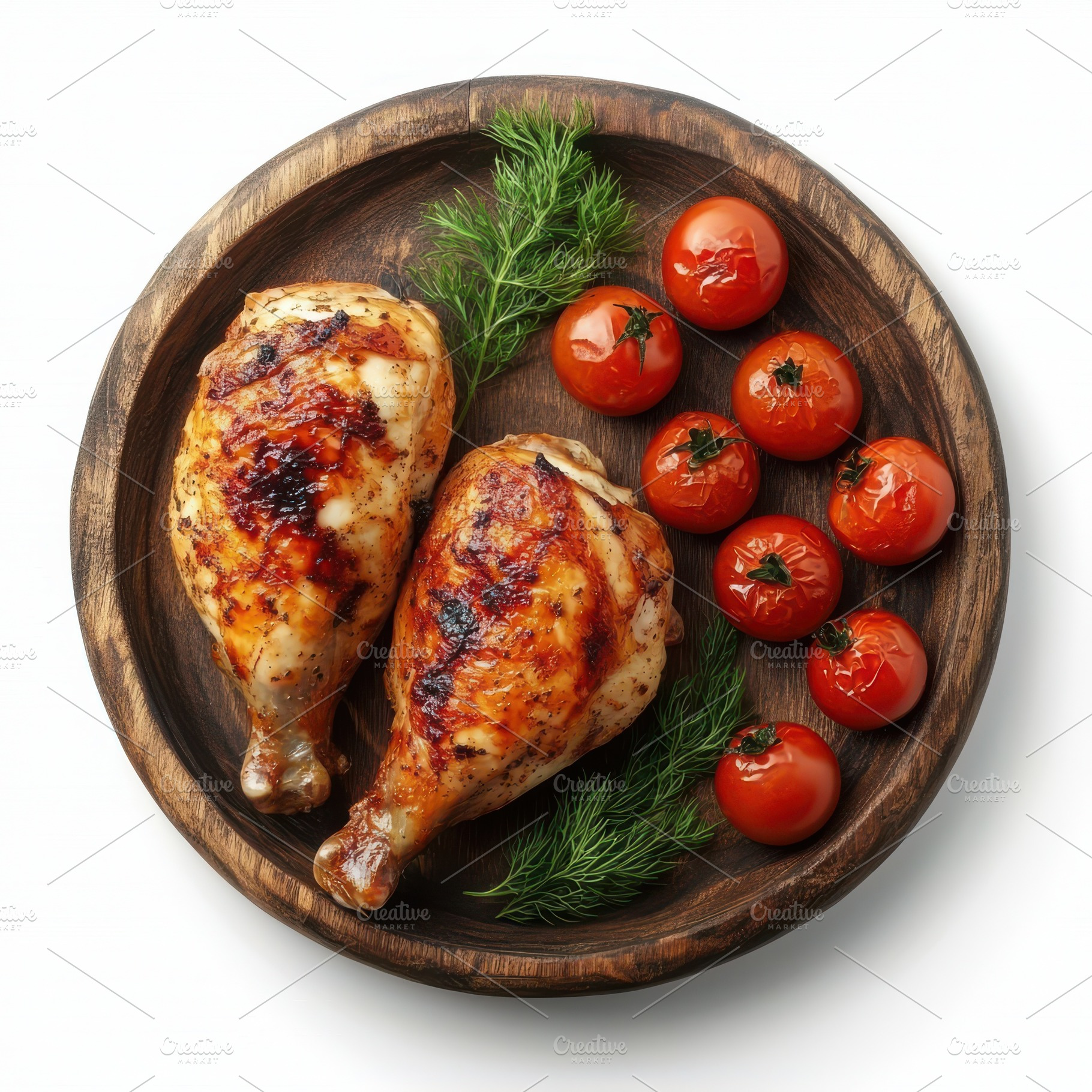 Roasted chicken and tomatoes on a wo, a Food & Drink Photo by Pixeness Studio