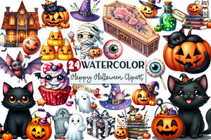 Watercolor Happy Halloween Clipart, an Illustration by Rose Art