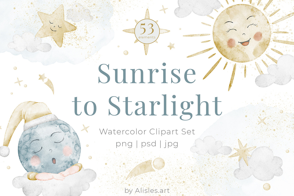 Watercolor Moon Sun Nursery Clipart, an Illustration by Alisles (Photo 1 of 12)