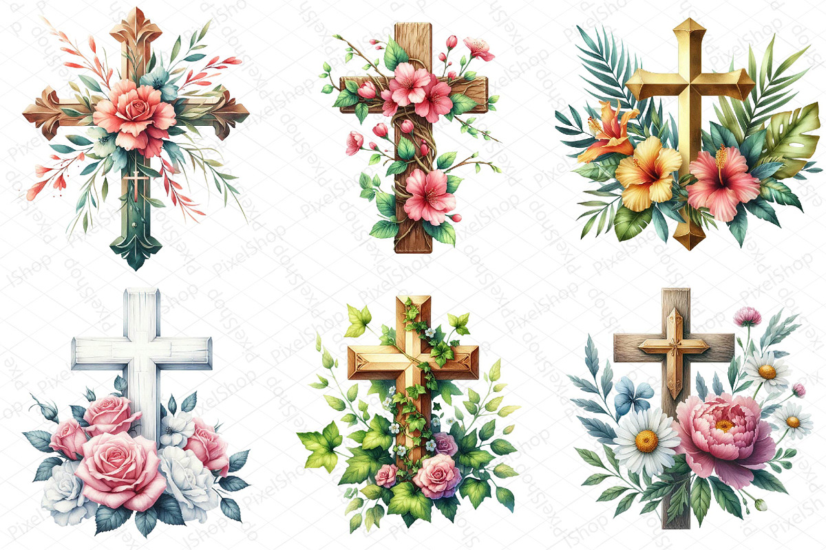 Watercolor Summer Floral Cross Clipa, an Illustration by DreamPrint404 (Photo 3 of 6)
