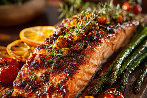 Grilled Salmon with Asparagus and To, a Photo by Pixeness Studio