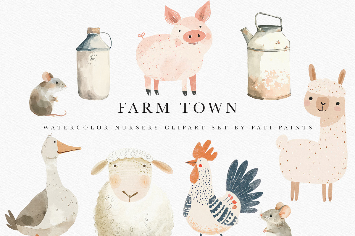 Farm Animals Watercolor Clipart Set, an Animal Illustration by Pati Paints (Photo 1 of 5)