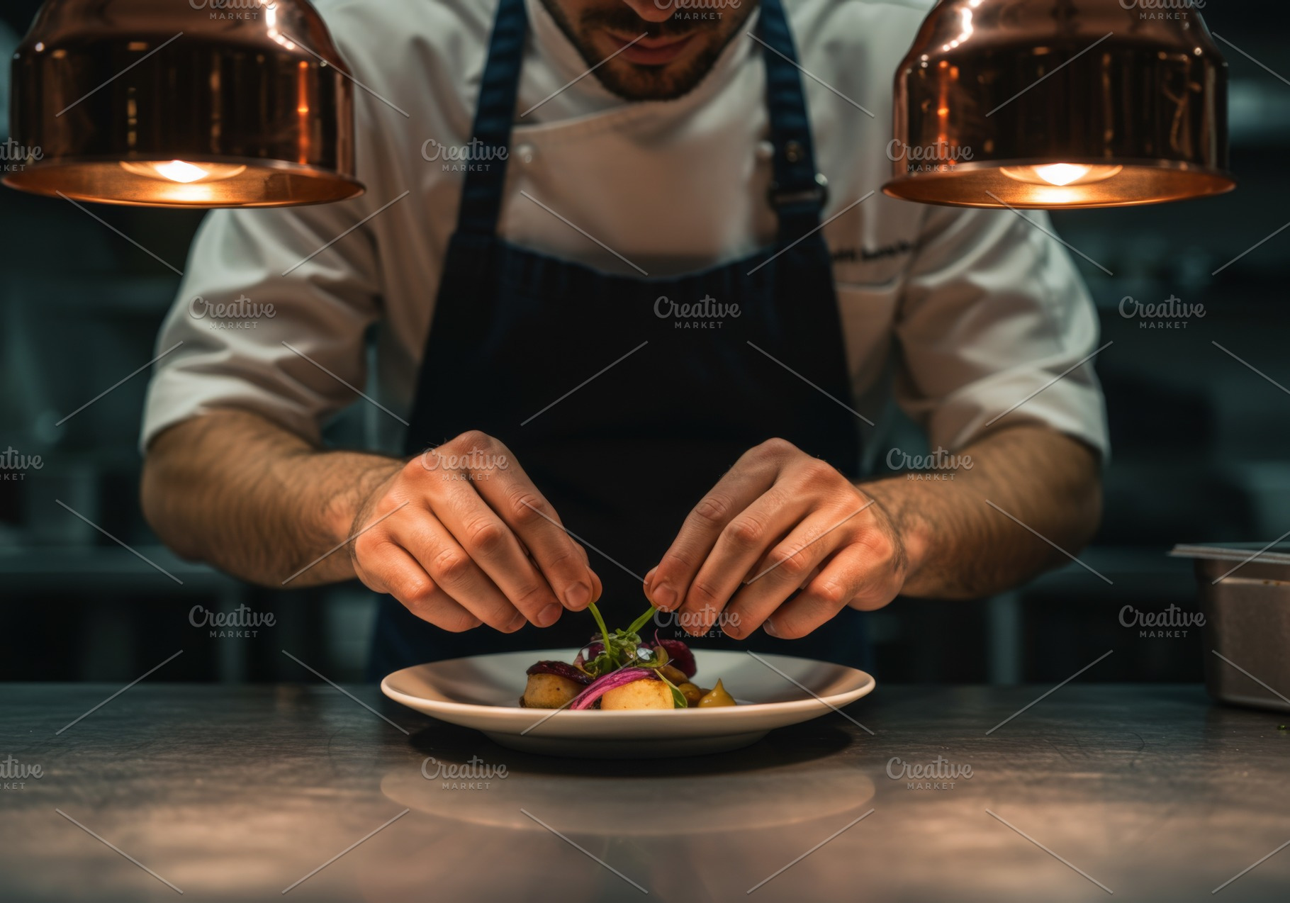Chef carefully garnishes a dish, a Food & Drink Photo by professorinc