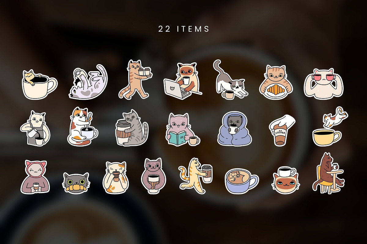 22 Hand Drawn Cats & Coffee Stickers, a Food Illustration by Kristina Chistiakova (Photo 3 of 7)